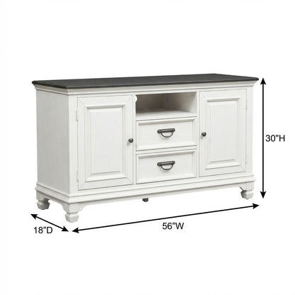 White Wirebrushed TV Console with Charcoal Top in Cottage Style