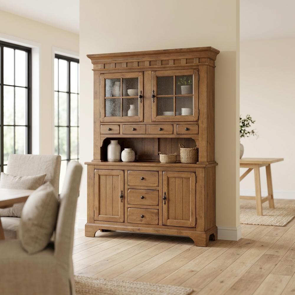 Rustic Oak and Black Hutch & Buffet Set with Traditional Style and Rubberwood