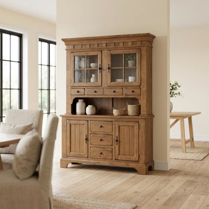 Rustic Oak and Black Hutch & Buffet Set with Traditional Style and Rubberwood