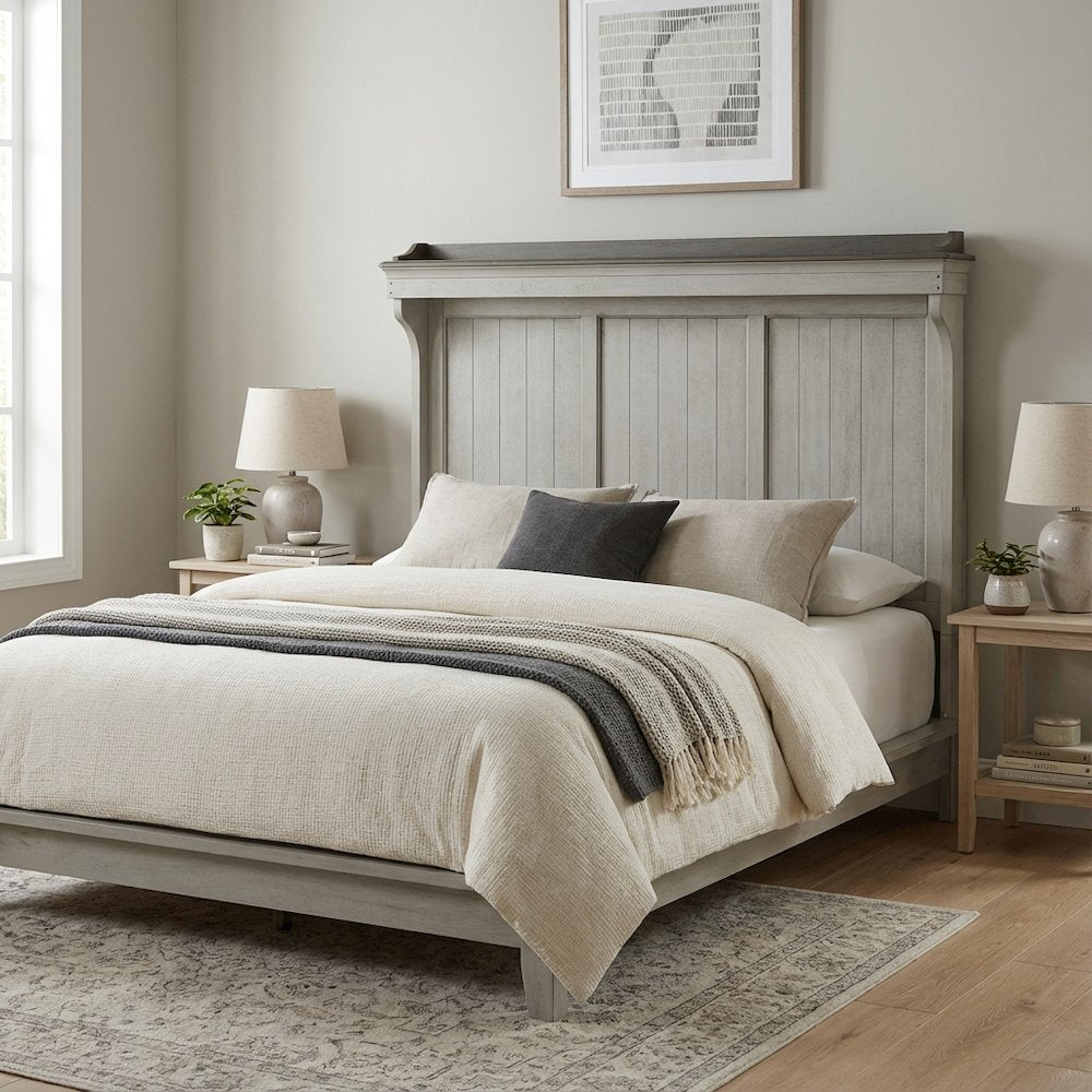 Weathered Linen Finish Headboard with Dusty Taupe Tops Wood Veneers