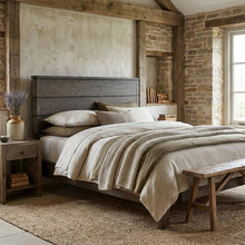 Brown Queen Panel Bed Headboard with LED Touch Light and Oak Veneers