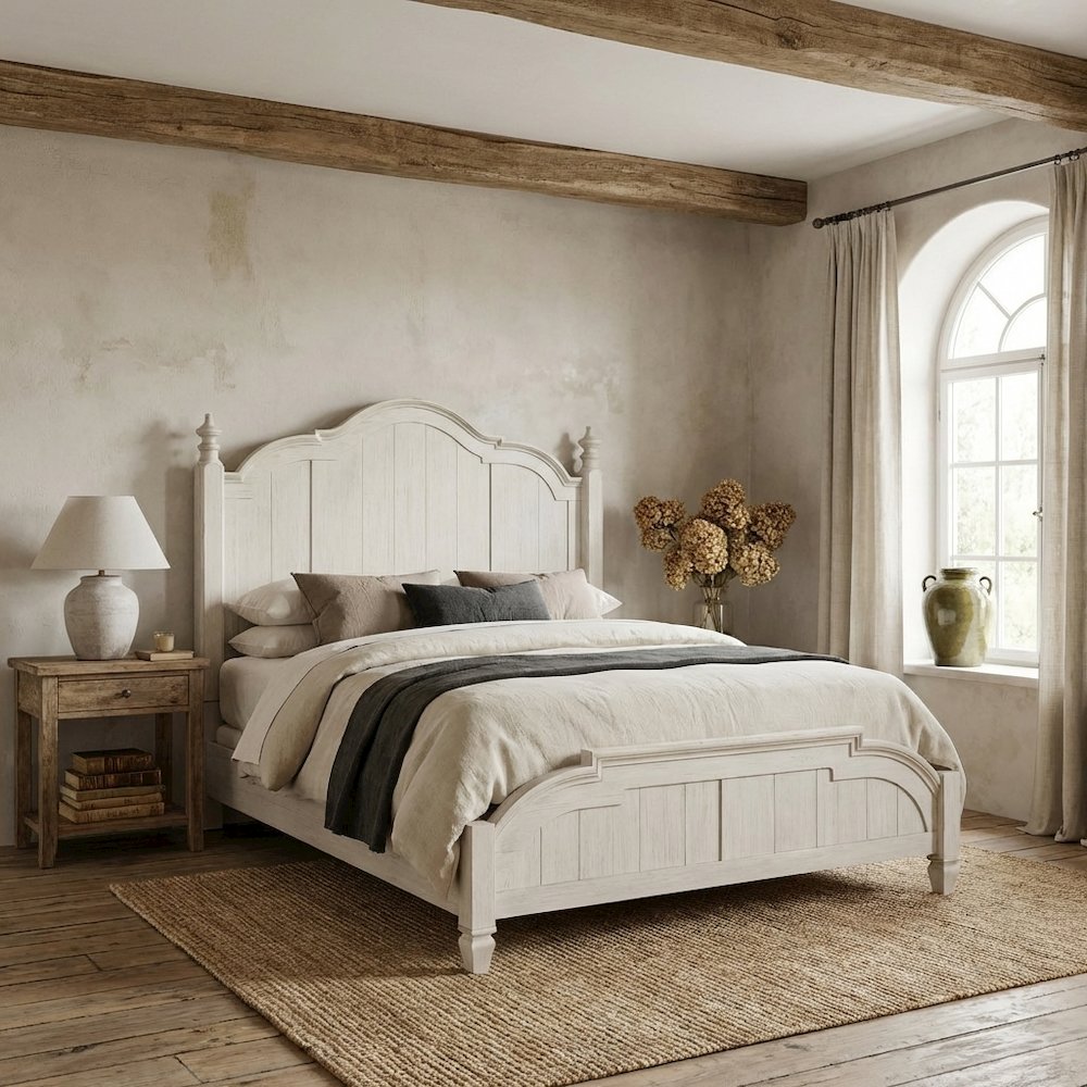 Antique White Headboard with Chestnut Top Solid Wood Farmhouse Design