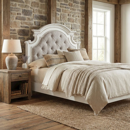 Antique White Upholstered Panel Headboard with Weathered Bark Wood Accents