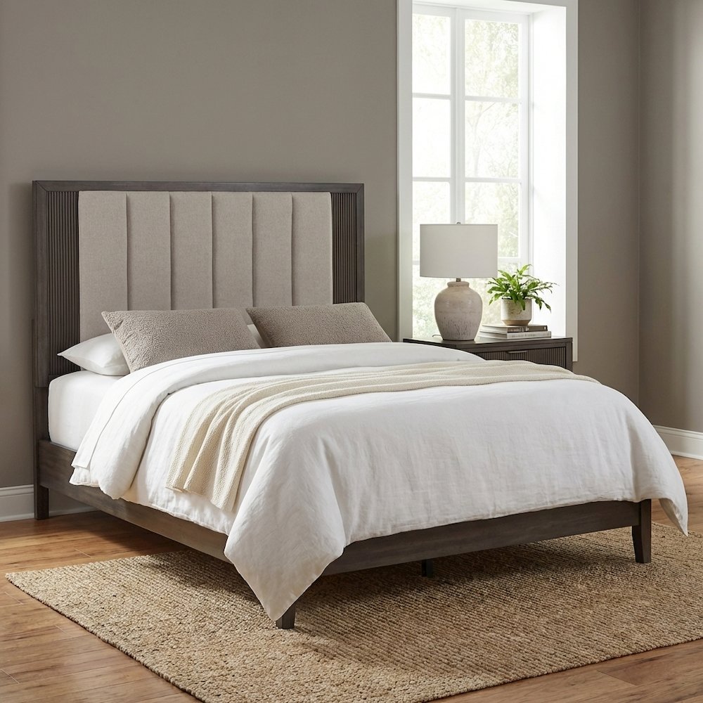 Upholstered Caffe Headboard with Modern Panel Design and Mounting Hardware