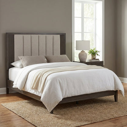 Upholstered Caffe Headboard with Modern Panel Design and Mounting Hardware