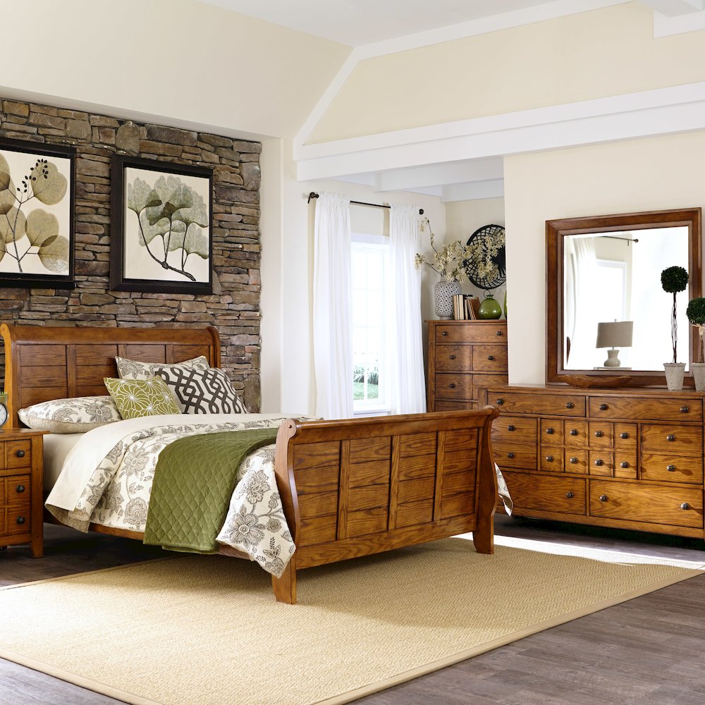 King Sleigh Bed, Dresser & Mirror, Chest in Rubberwood Solids & Oak Veneers