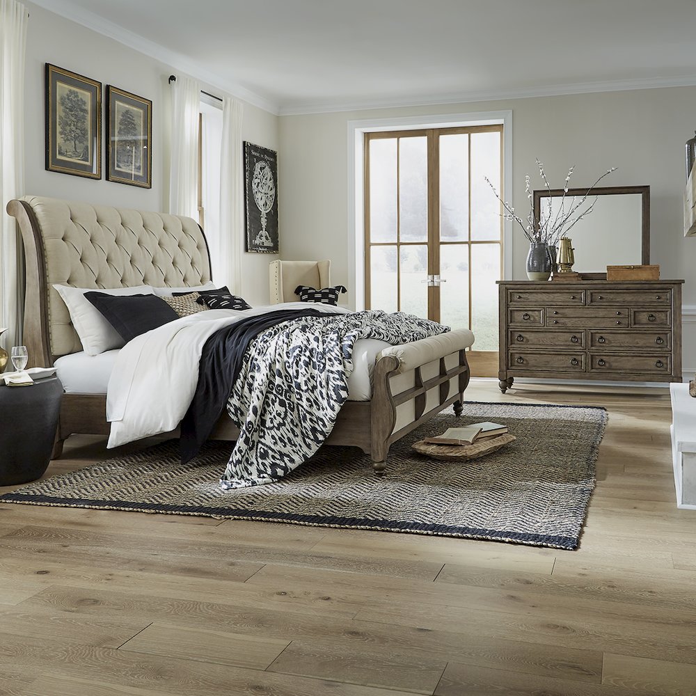 Americana Farmhouse Queen Sleigh Bed, Dresser & Mirror - Dusty Taupe & Black