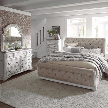 Magnolia Manor California King Upholstered Bed, Dresser, Mirror, Chest - White