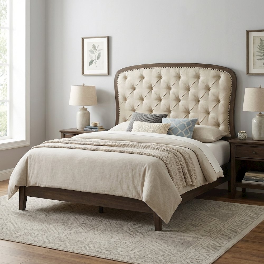 Dusty Taupe Tufted Panel Headboard with Black Finish Poplar Solids Wood