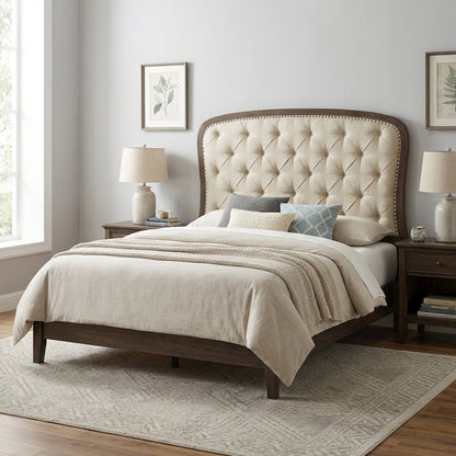 Dusty Taupe Tufted Panel Headboard with Black Finish Poplar Solids Wood