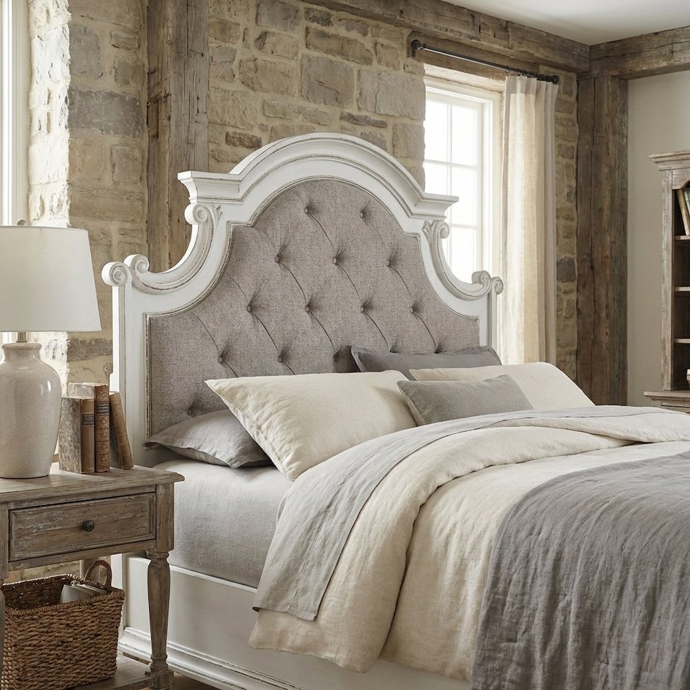 Antique White Upholstered Panel Headboard with Chenille Fabric and Solid Wood