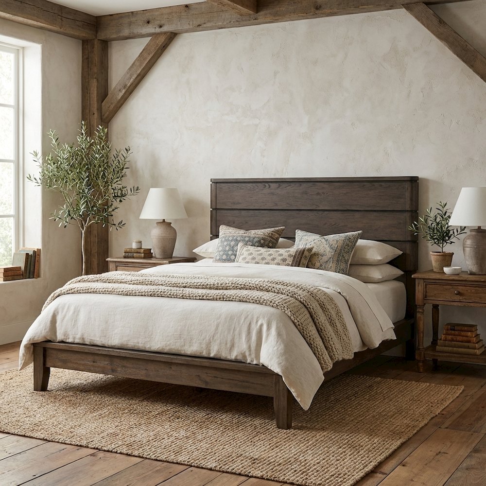 Brown King Panel Bed Headboard with LED Touch Light and Oak Veneers