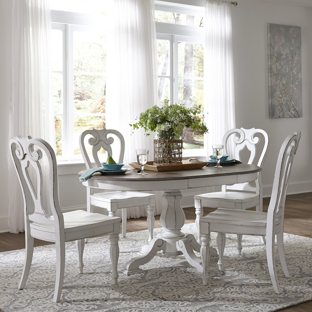 5 Piece Pedestal Table Set in Rubberwood Solids w/ White Oak & Birch Veneers