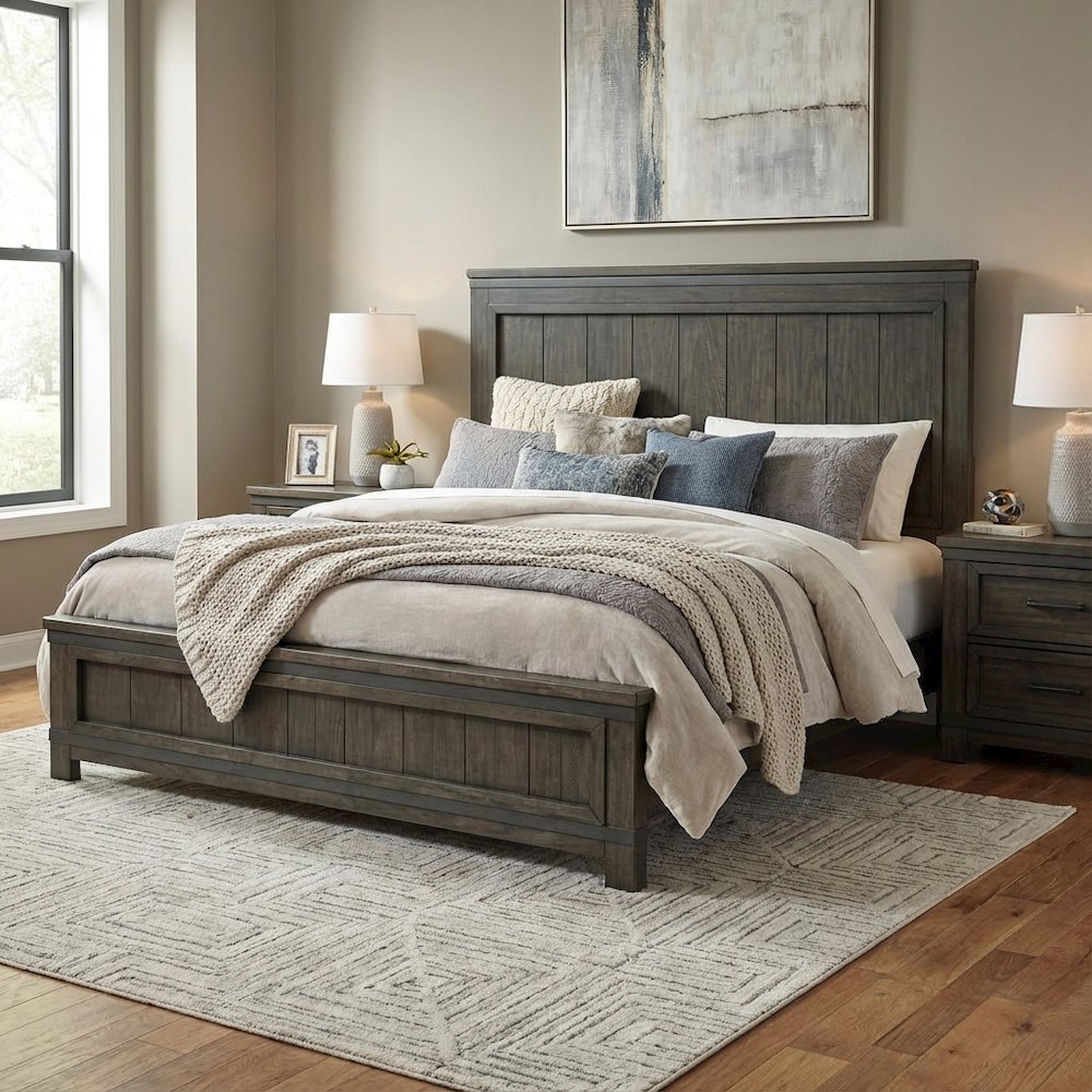 Rustic Rock Beaten Brown Headboard with Saw Cut Details Solid Wood Construction