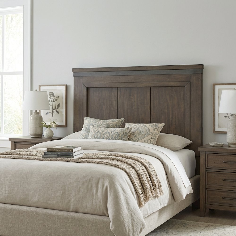 Rock Beaten Brown Twin Panel Headboard with Saw Cuts Rustic Solid Wood Design