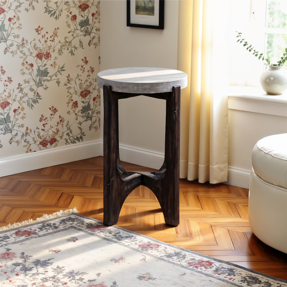 Brown Round Side Table with Concrete Top – Ideal End Table for Living Room