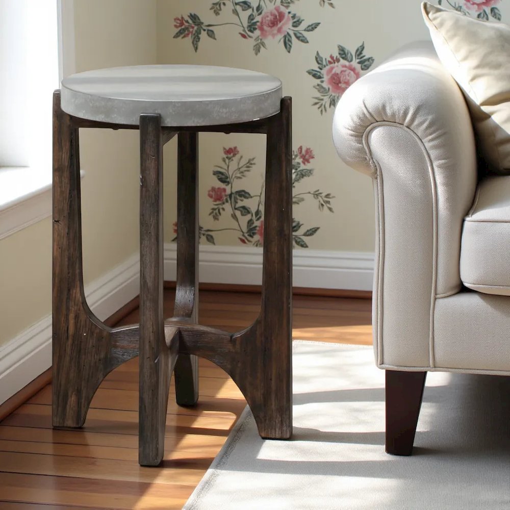 Brown Round Side Table with Concrete Top – Ideal End Table for Living Room