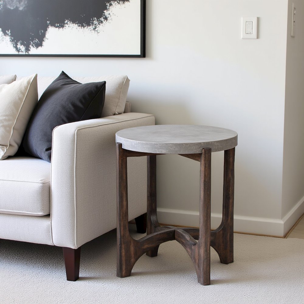 Farmhouse End Table, Brown Eucalyptus & Birch with Concrete Composite Top