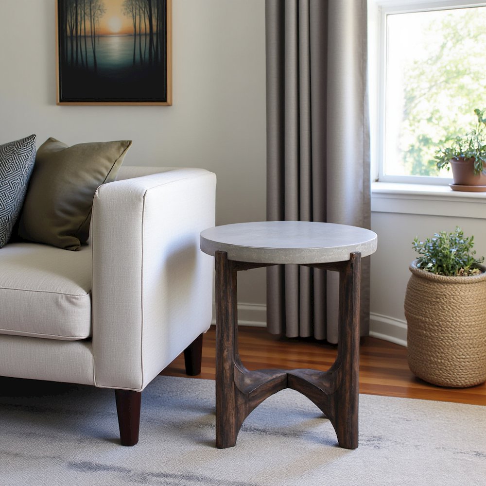 Farmhouse End Table, Brown Eucalyptus & Birch with Concrete Composite Top