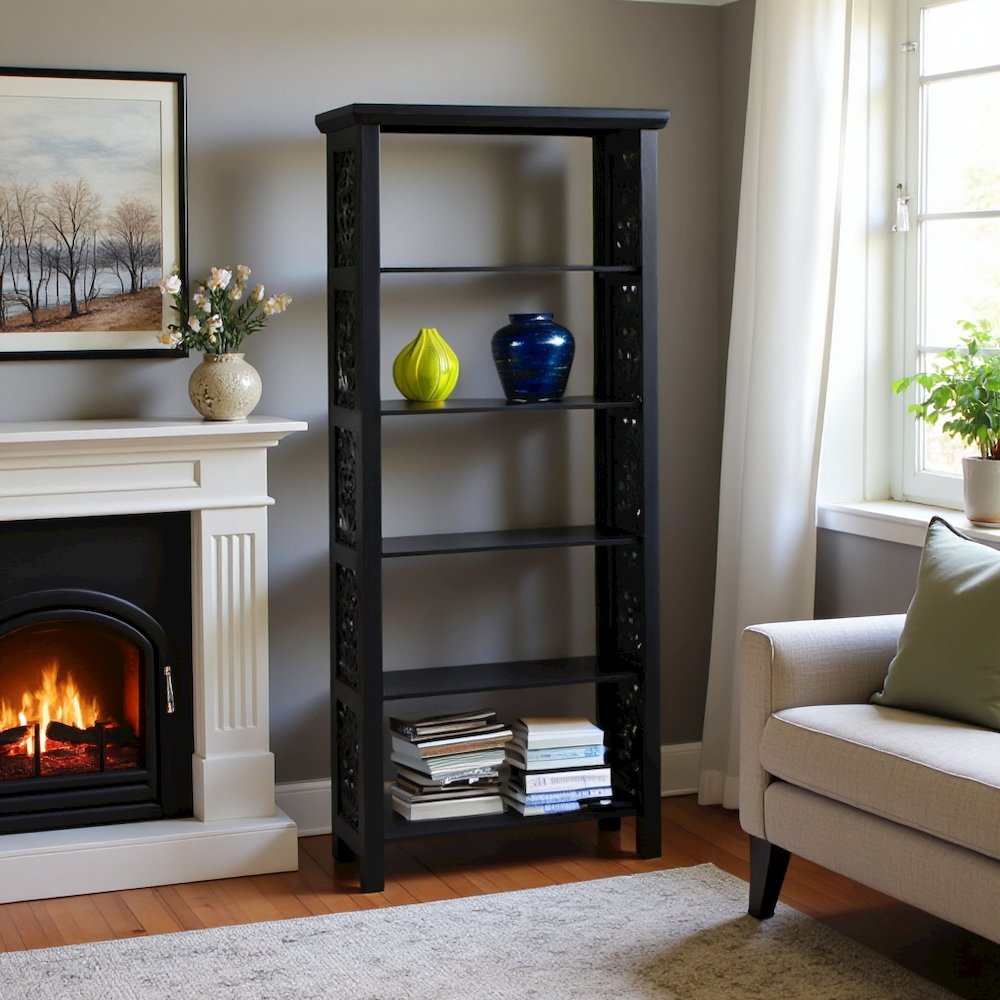 Black Tall Narrow Bookshelf – Elegant 5 Tier Skinny Bookcase Design