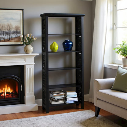 Black Tall Narrow Bookshelf – Elegant 5 Tier Skinny Bookcase Design