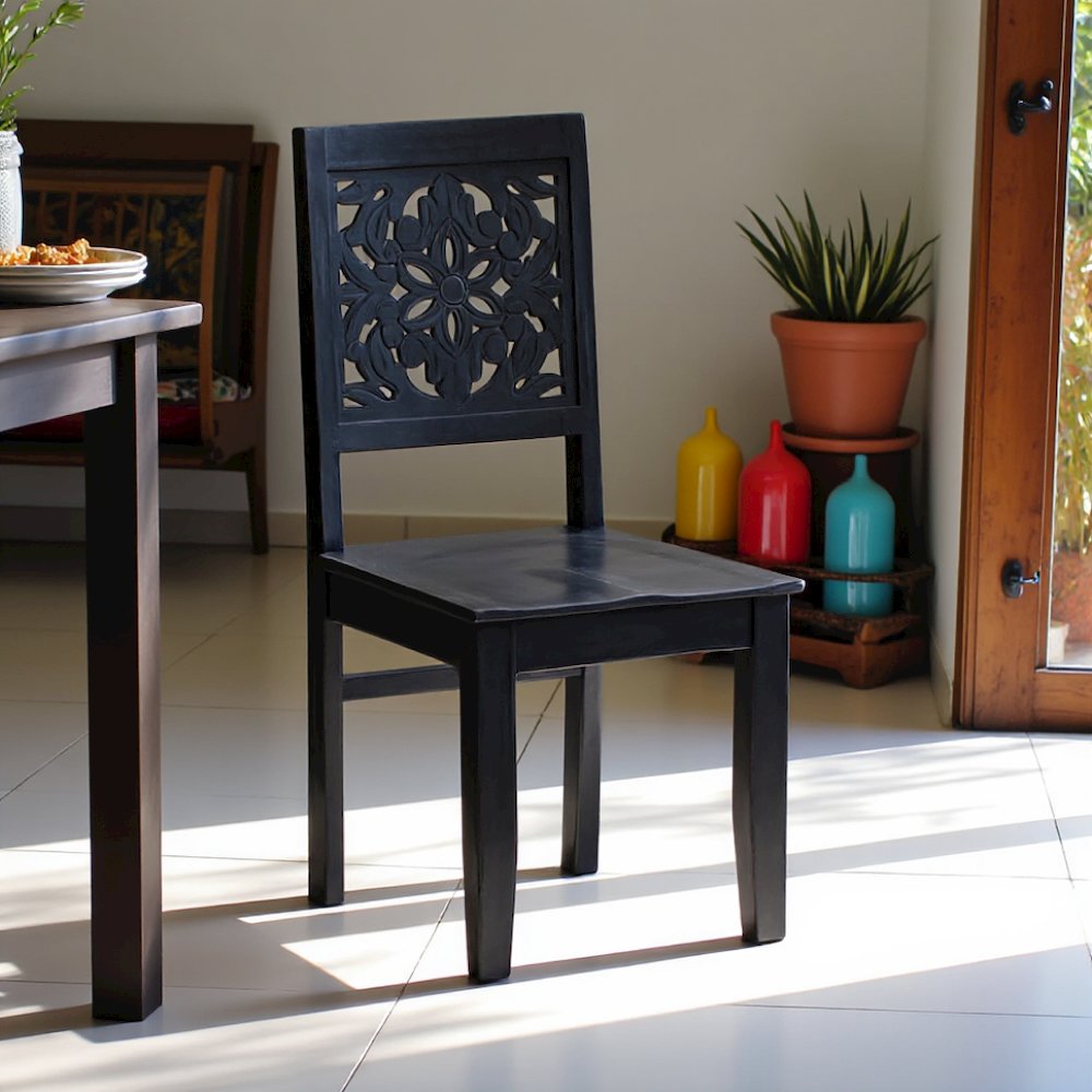 Black Mango Wood Accent Chair – Stylish Small Chair for Bedroom or Desk