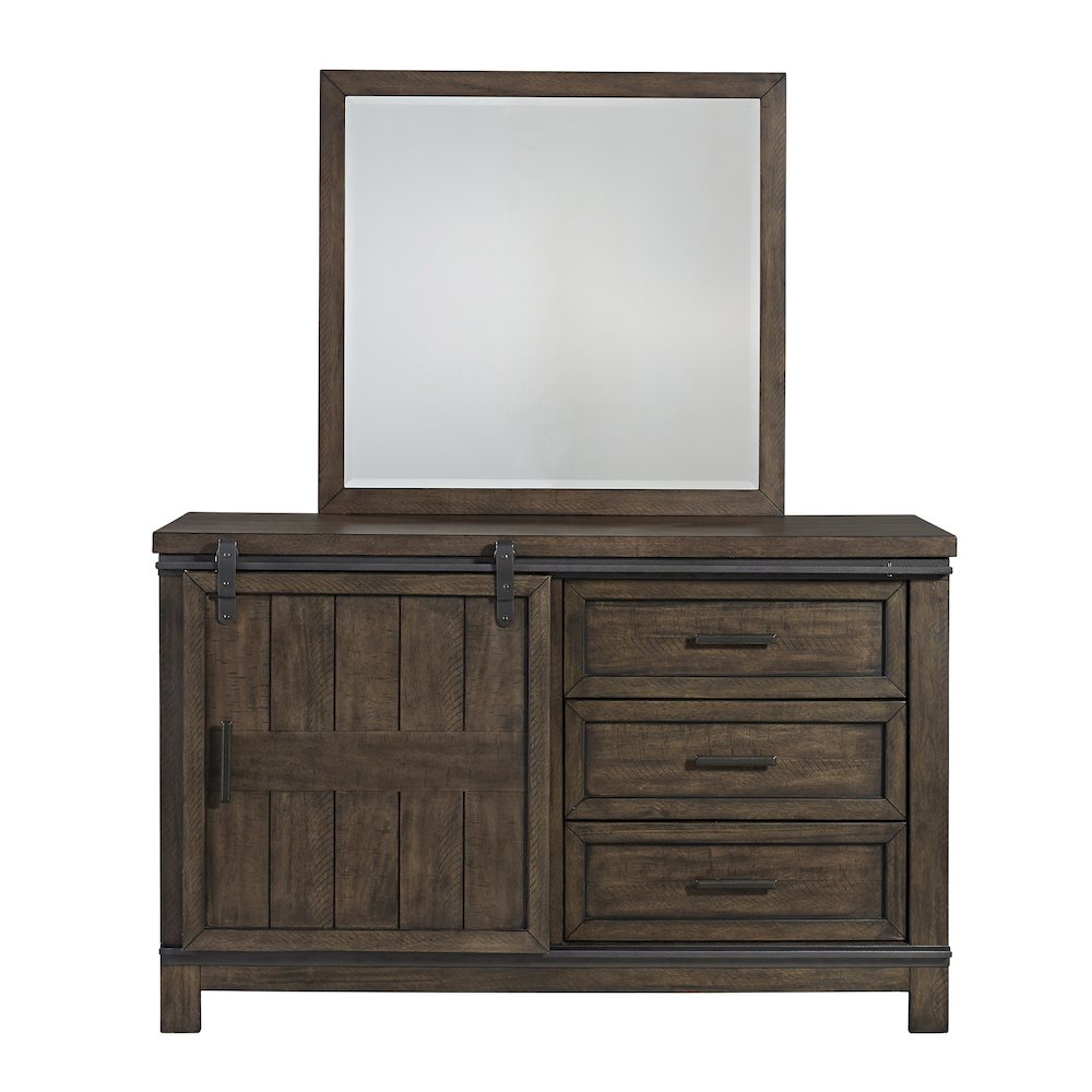Full Bookcase Bed, Dresser & Mirror in Rubberwood Solids and Mango Veneers