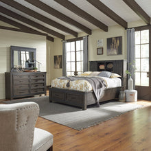 Queen Bookcase Bed, Dresser & Mirror - Rock Beaten Brown w/ Saw Cuts