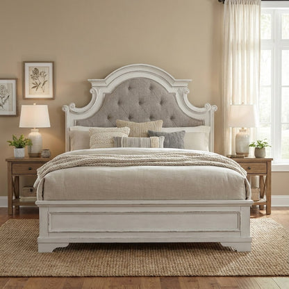 Antique White Upholstered Panel Headboard, Chenille Fabric, Solid Wood