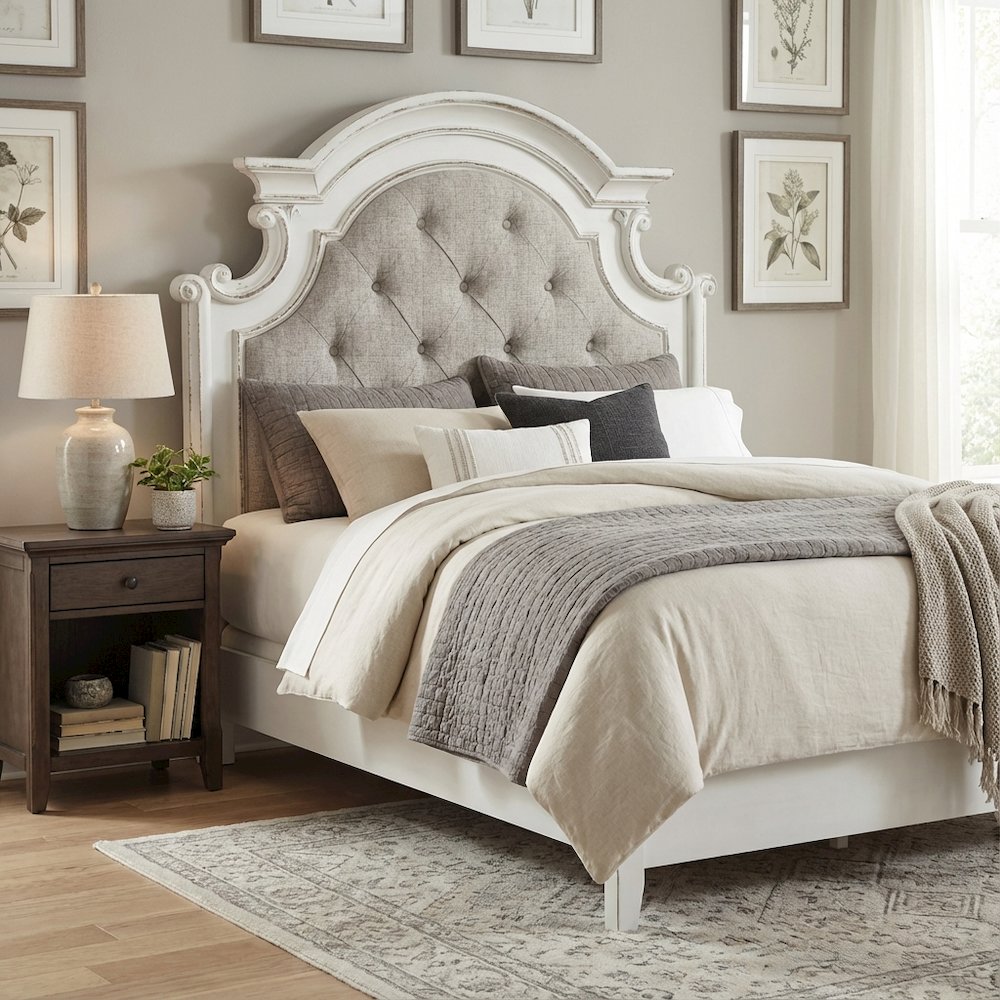 Antique White Upholstered Panel Headboard with Weathered Bark Wood Accents