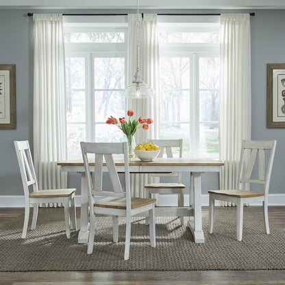 Lindsey Farm 5 Piece Trestle Table Set - Weathered White & Sandstone