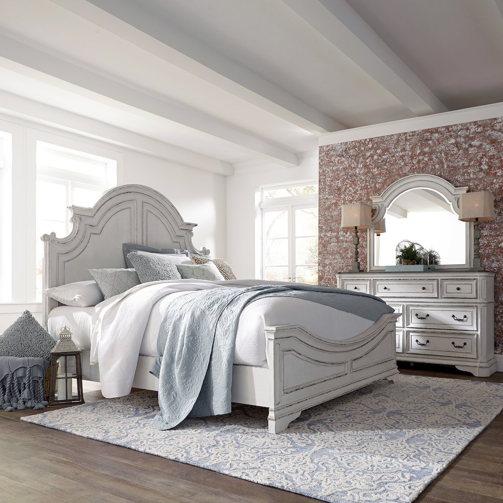 California King Panel Bed, Dresser & Mirror - Antique White & Weathered Bark