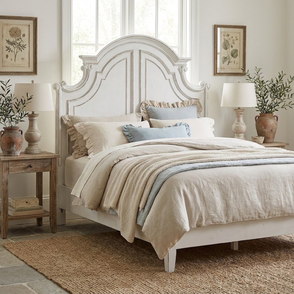 Antique White Panel Headboard, Weathered Bark Finish Solid Wood Construction