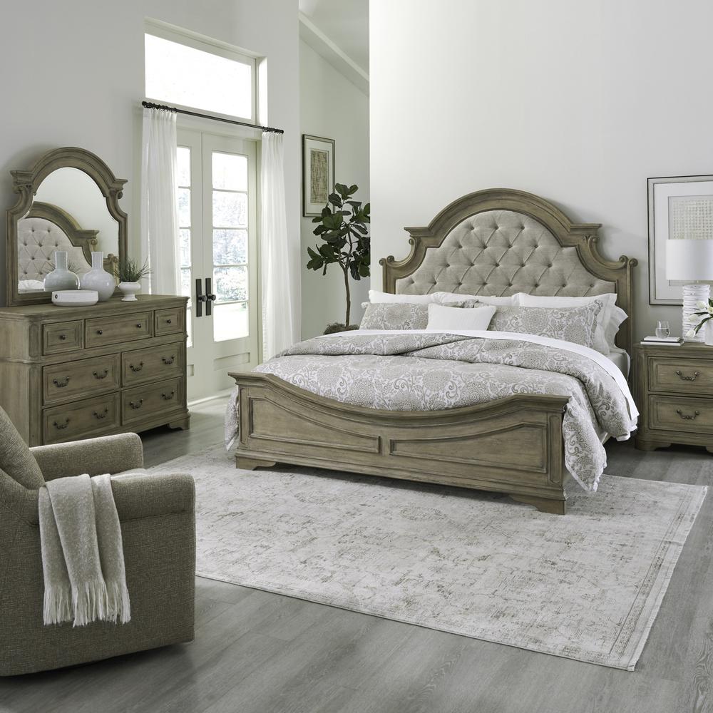 King Upholstered Bed, Dresser & Mirror, Night Stand - Weathered Bisque