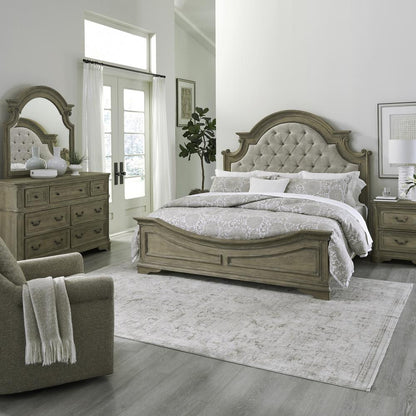 King Upholstered Bed, Dresser & Mirror, Night Stand - Weathered Bisque