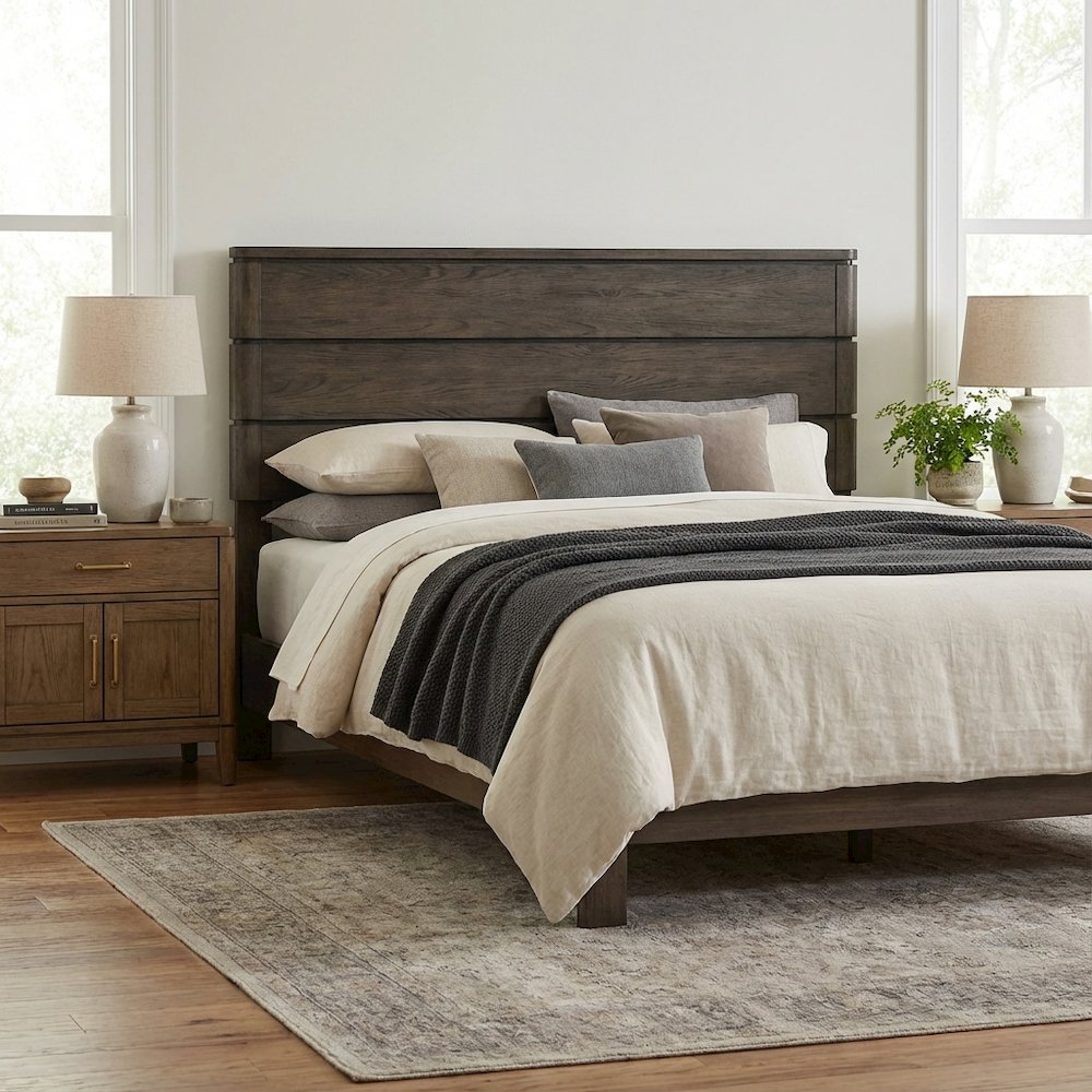 Brown Queen Panel Bed Headboard with LED Touch Light and Oak Veneers