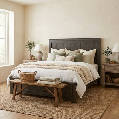Rustic Rock Beaten Brown Headboard with Saw Cut Details Solid Wood Construction