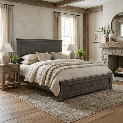 Rock Beaten Brown Panel Headboard with Saw Cuts Rustic Solid Wood Design