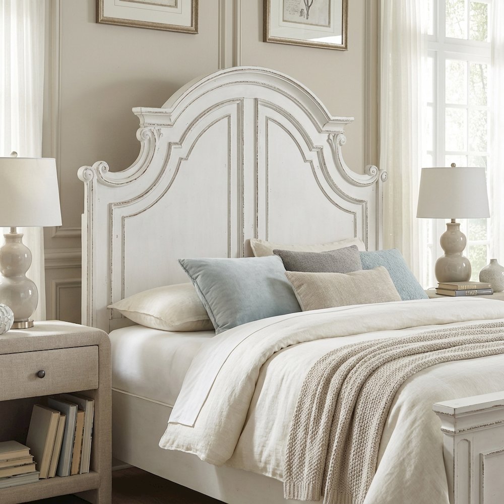 Antique White Panel Headboard, Weathered Bark Finish Solid Wood Construction