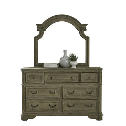 Magnolia Manor King Upholstered Bed, Dresser & Mirror - Weathered Bisque