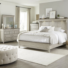 Queen Mantle Bed, Dresser & Mirror, Chest - Weathered Linen w/ Dusty Taupe Tops