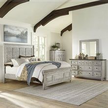 King Opt Panel Bed, Dresser & Mirror, Chest - Antique White w/ Tobacco Tops