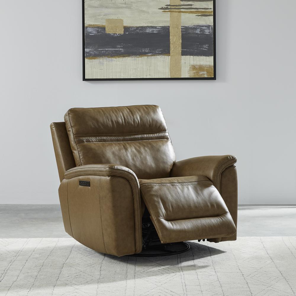 Cooper Swivel Glide Power Recliner, Power Headrest, Lumbar in Camel Leather