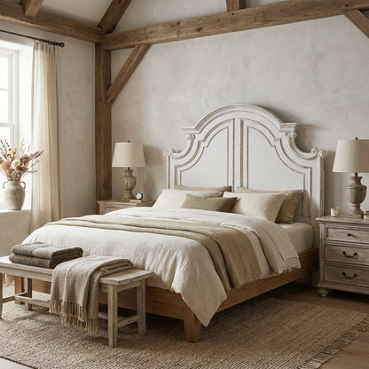 Antique White, Weathered Bark King Headboard, Solid Wood Frame, European Design
