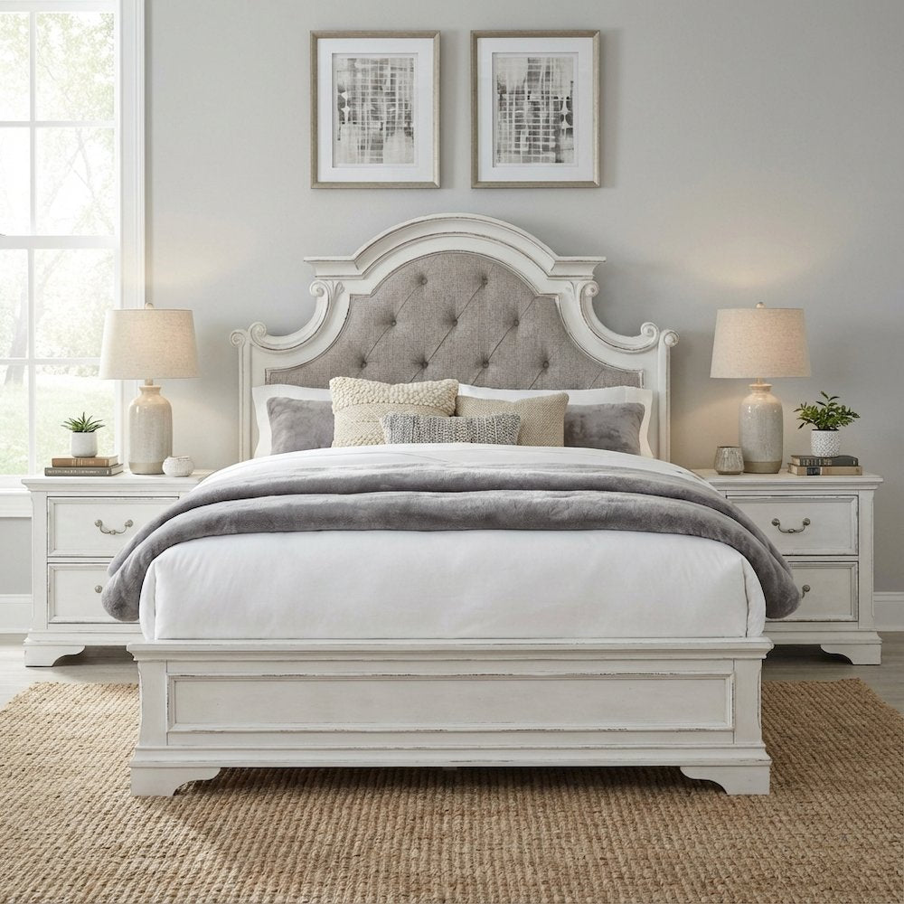 Antique White Upholstered Panel Headboard with Chenille Fabric and Solid Wood