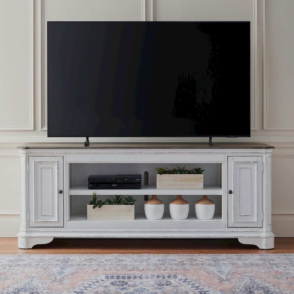 Magnolia Manor 82 Inch TV Console  - Antique White & Weathered Bark