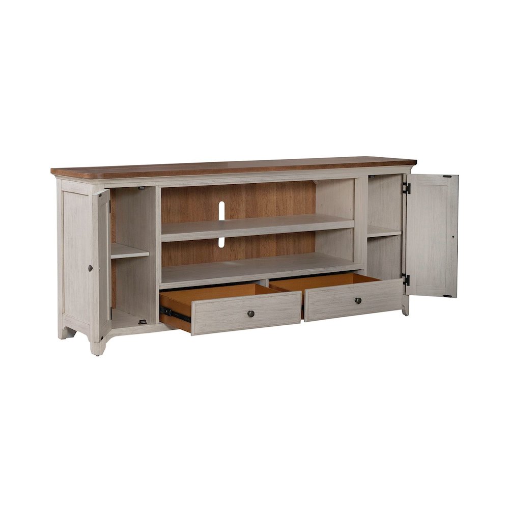Farmhouse Reimagined 80 Inch TV Console  - Antique White with Chestnut Tops