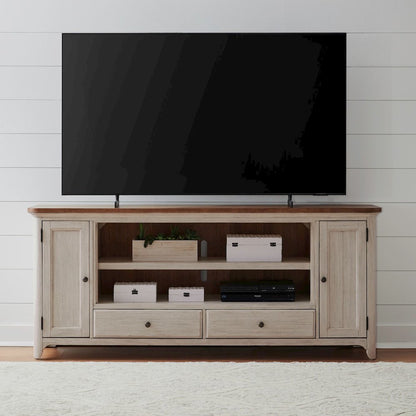 Farmhouse Reimagined 80 Inch TV Console  - Antique White with Chestnut Tops