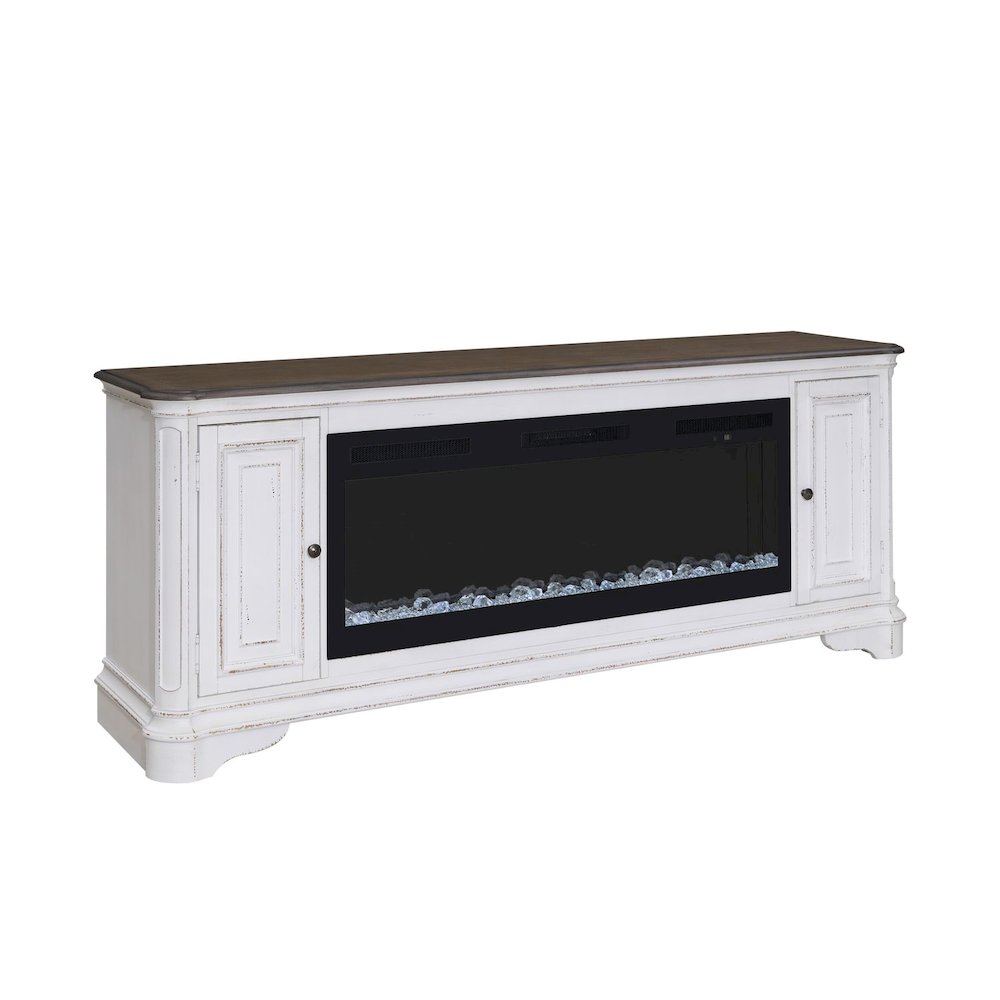 Heated LED Fireplace TV Consoles 82 Inch  - Antique White & Weathered Bark