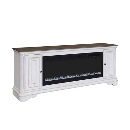 Heated LED Fireplace TV Consoles 82 Inch  - Antique White & Weathered Bark